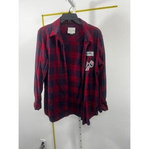 Forever 21 Red Navy Blue Plaid Flannel Button‎ Down Shirt Patches Mens Medium